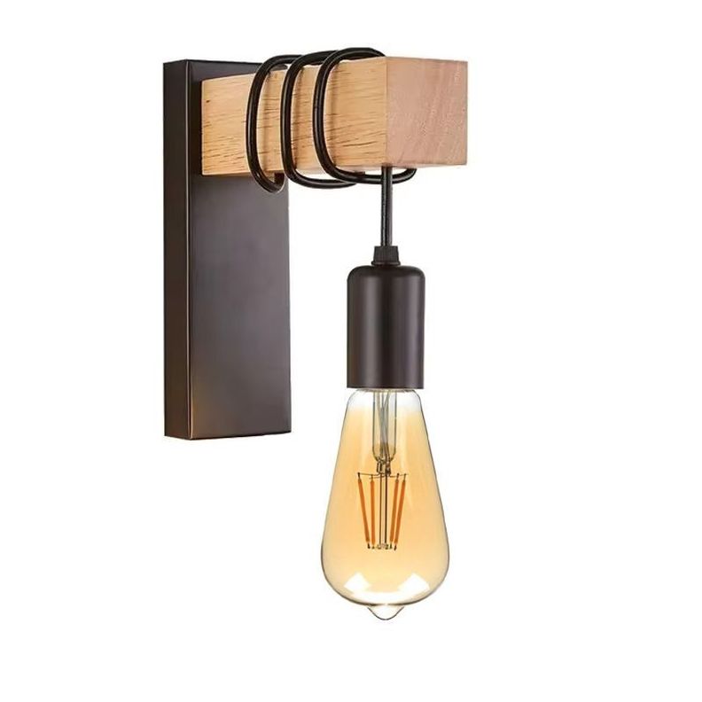 Aplique de Pared de Madera con Base Metálica Negra-3