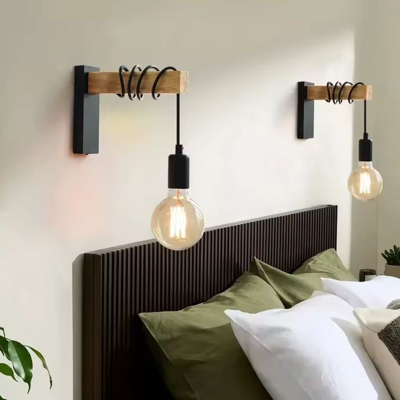 Aplique de Pared de Madera con Base Metálica Negra-4