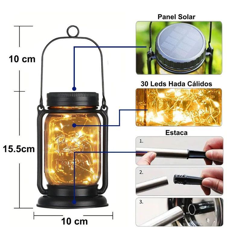 Farol y Estaca Solar Led Para Jardín Luz Hada Cálida Pack x2-6