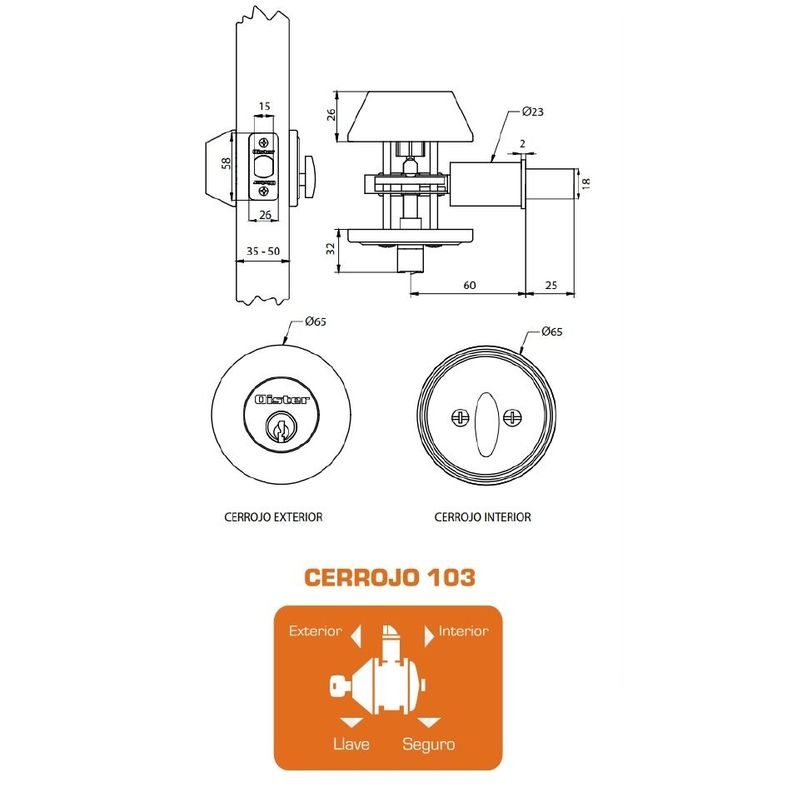 Cerrojo Tubular Oister 103 Llave-Seguro - Plata-3