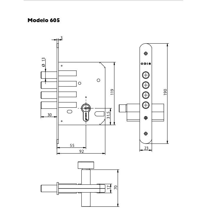 Cerrojo Embutir Odis 605 Llave-Seguro - Negro-3