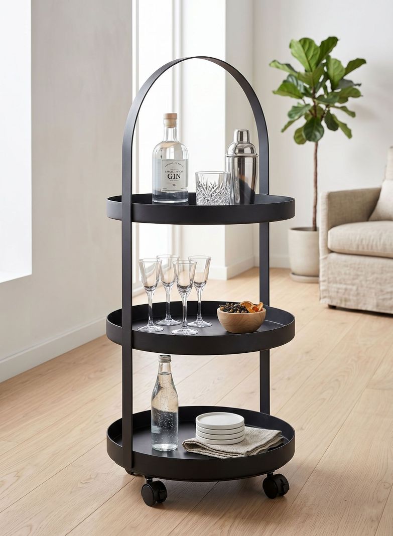 Carro Bar Organizador Metálico Lunden Negro 33x88 Hecho a Mano