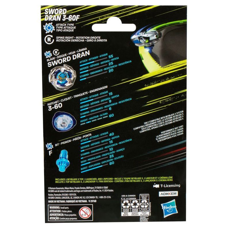 Trompo Beyblade X Kit Inicial Sword Dran 3-60F-3