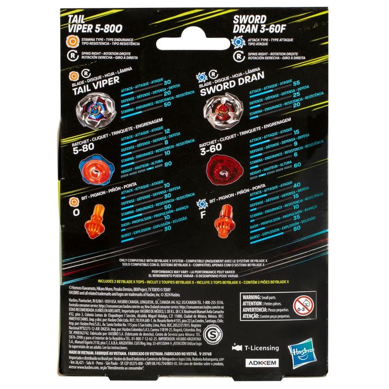 Trompo Beyblade X Tail Viper 5-80O y Sword Dran 3-60F-3