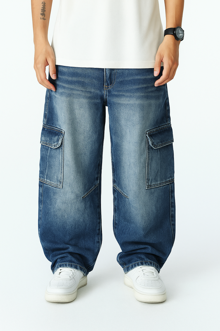 Jeans Cargo Wide Leg Hombre Urbano Bolsillos Grandes-0