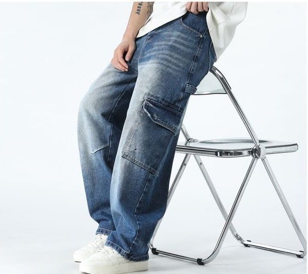 Jeans Cargo Wide Leg Hombre Urbano Bolsillos Grandes-1