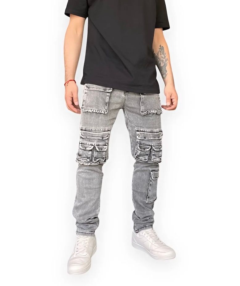 Jeans Cargo Hombre Múltiples Bolsillos Skinny Elasticado-0