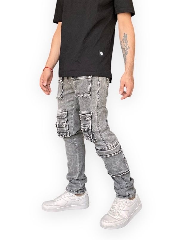 Jeans Cargo Hombre Múltiples Bolsillos Skinny Elasticado-1