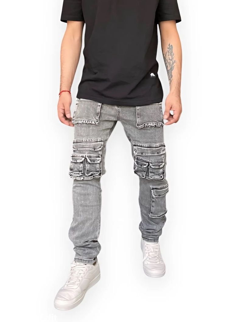 Jeans Cargo Hombre Múltiples Bolsillos Skinny Elasticado-2