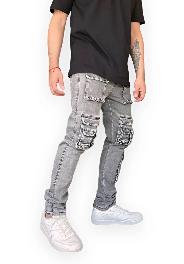 Jeans Cargo Hombre Múltiples Bolsillos Skinny Elasticado-3