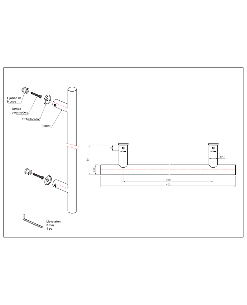 Tirador simple de acero inoxidable 304. Largo 40 cm.-1