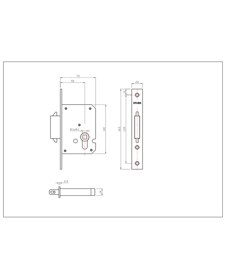 Cerradura de embutir de seg puer corredera, Llave 2 lado. AI-1