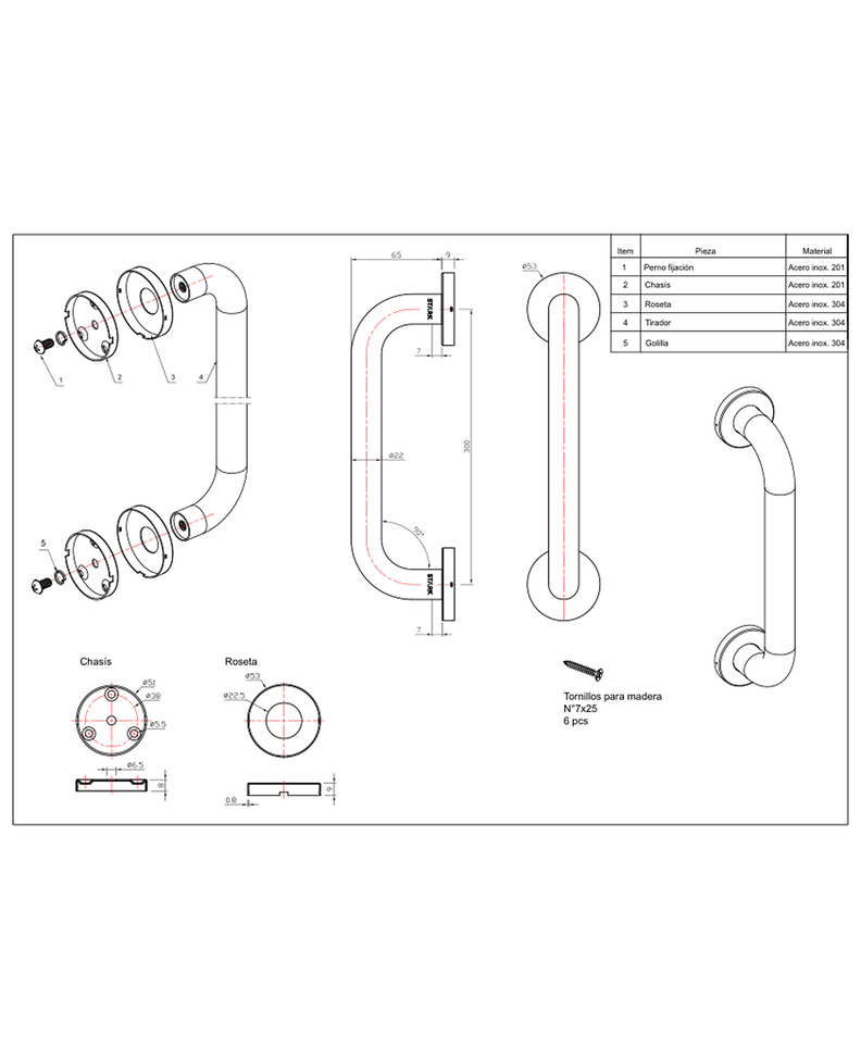 Tirador simple de acero inoxidable 304. Largo 30 cm.-1