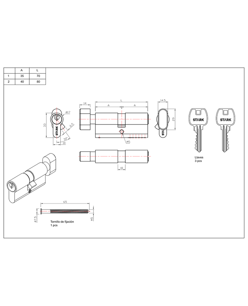 Cilindro 70 mm llave/seguro interior centrado. (Negro mate)-1