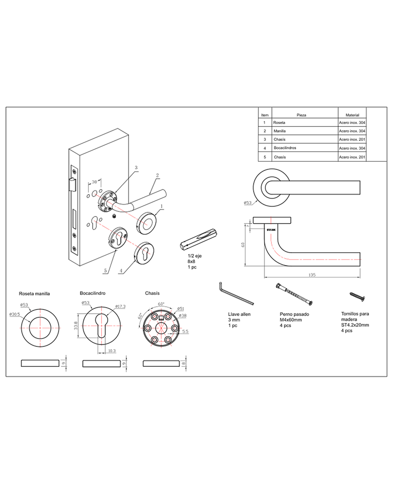 Cerradura de embutir acc princ llave ambos lados. A inox 304-2