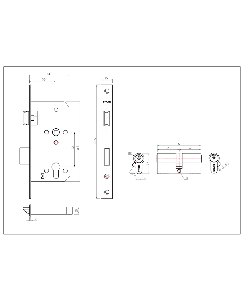 Cerradura de embutir acc princ llave ambos lados. A inox 304-3