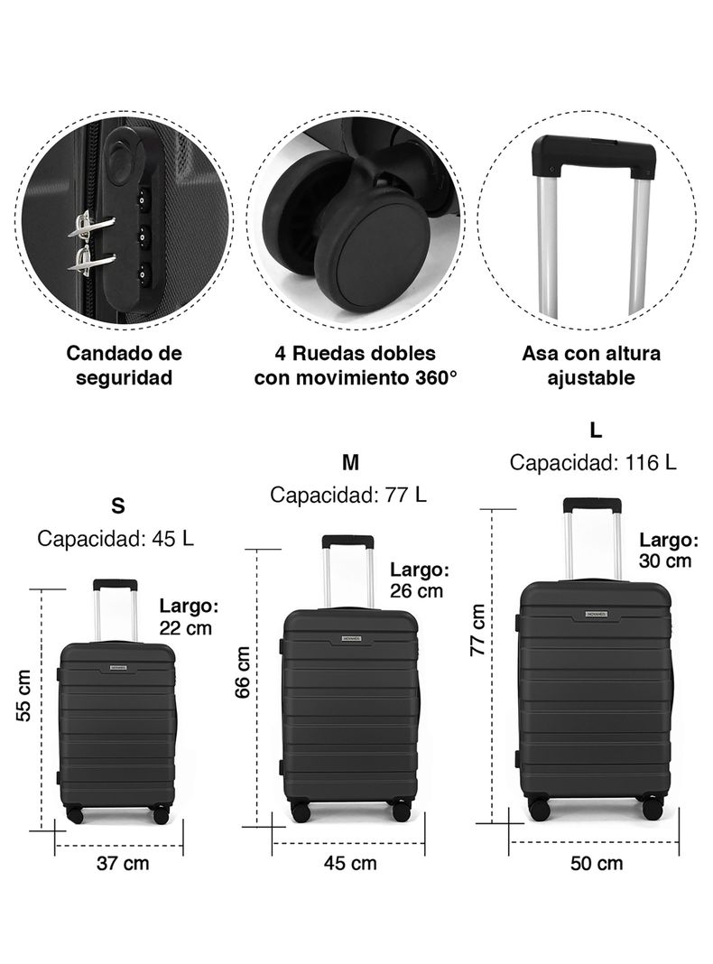 Set de Maletas Rígidas Danubio S M L Negro-2