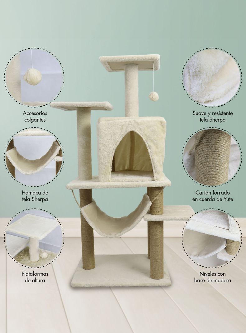 Torre Rascador Para Gatos Casa-Hamaca 113cm Beige-2