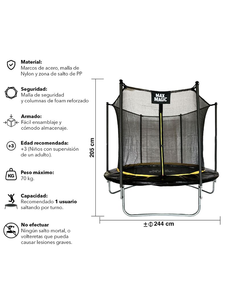 Cama Elástica Max Magic 244cm Negra con Red de Seguridad-2
