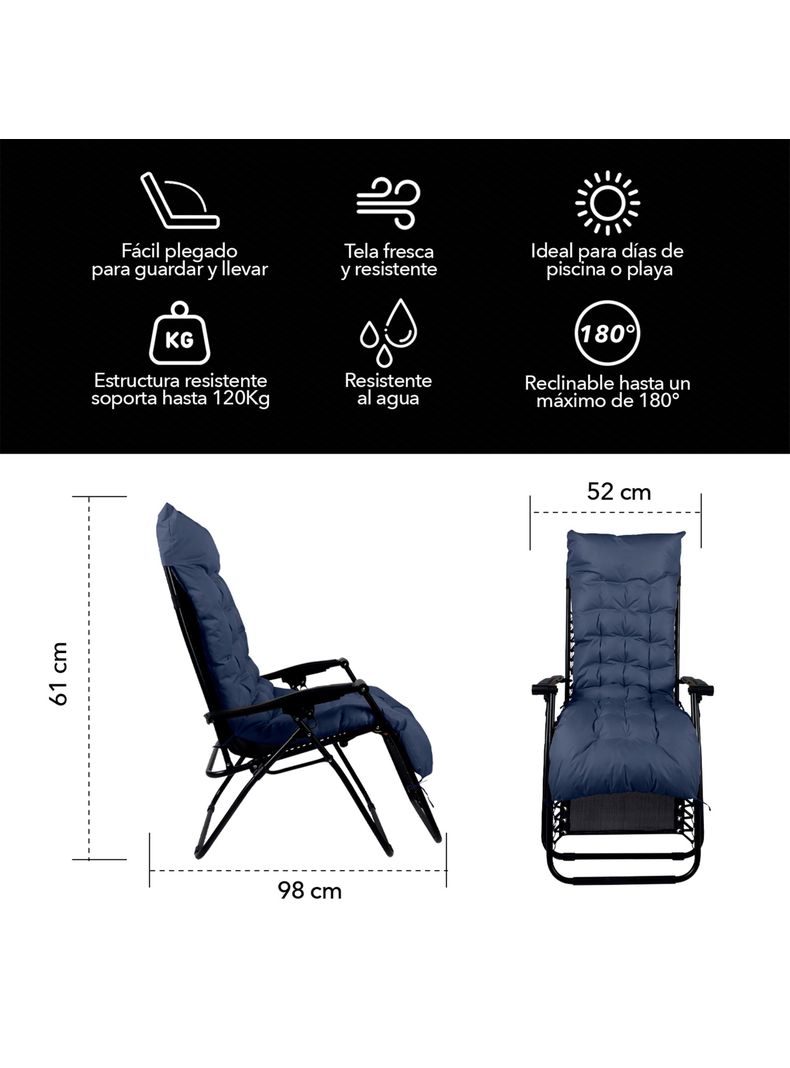 Reposera Plegable y Reclinable Acolchada Azul-2