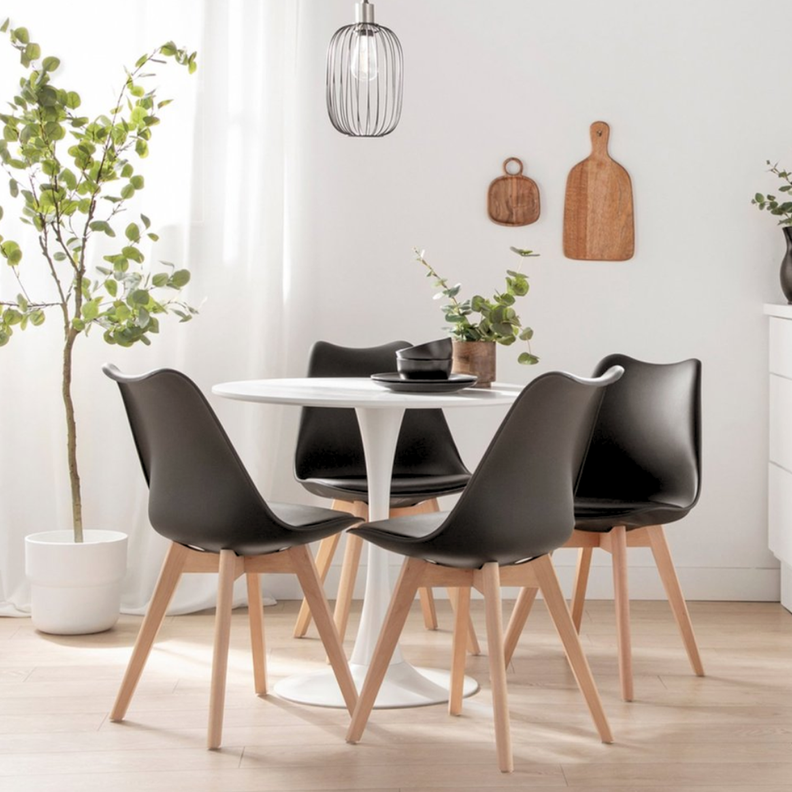 Comedor Mesa Tulip Redonda 80cm Blanca + 4 Sillas Tulip Negro 80 CM