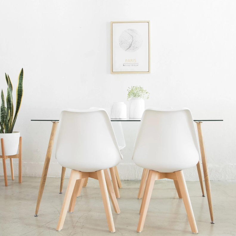 Comedor Minimalista | Mesa Vitreo 130x80 + 4 Sillas Tulip Blancas-0