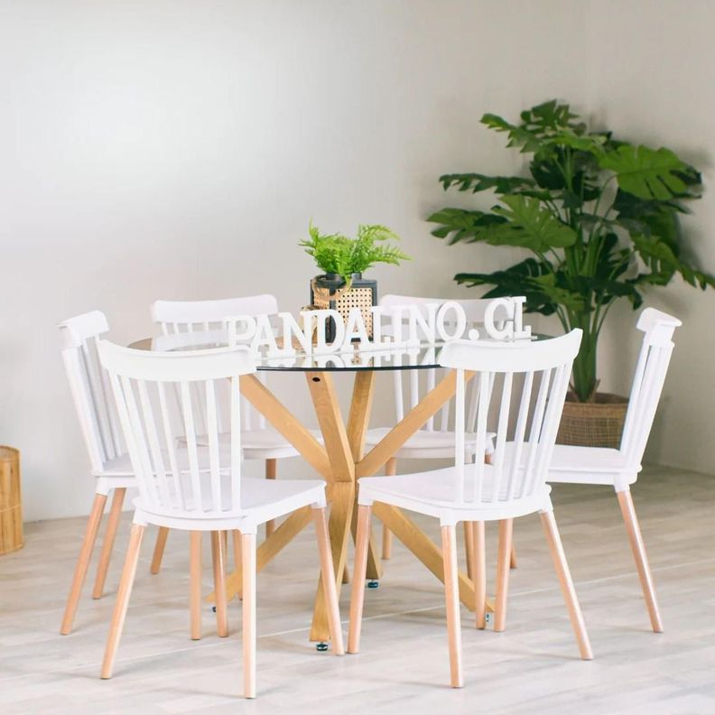 Comedor Mesa Redonda Equiz 120cm + 6 Sillas Windsor Blancas Blanco 120 CM