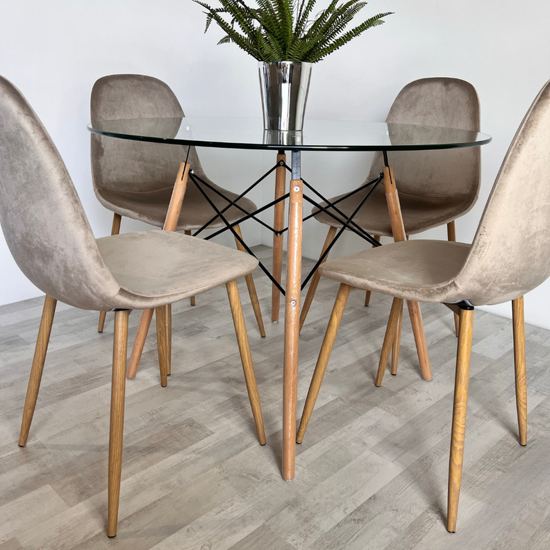 Comedor Redondo Mesa Elida 100cm + 4 Sillas Isy Beige | Compacto 100 CM