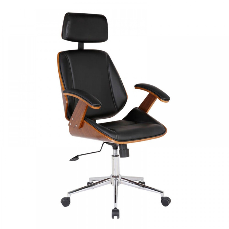 Silla Ejecutiva Ergo | Cuero Negro | Apoyabrazos de Madera y Reposacabezas Ajustable-0
