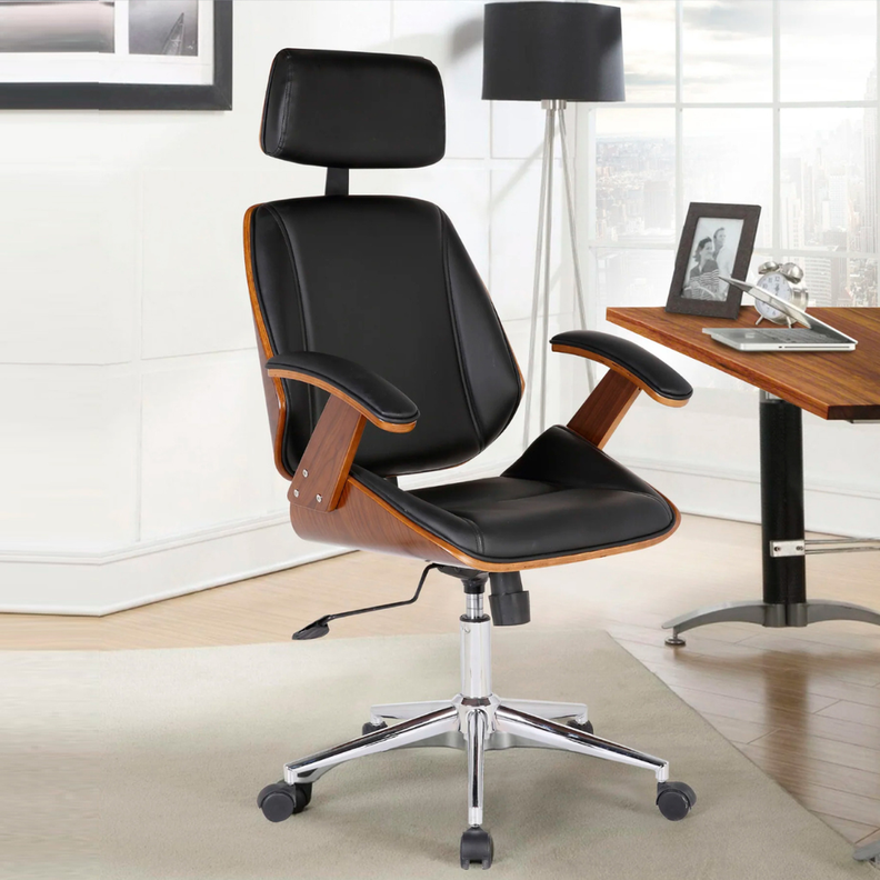 Silla Ejecutiva Ergo | Cuero Negro | Apoyabrazos de Madera y Reposacabezas Ajustable-1