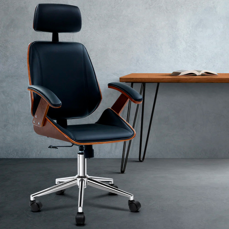 Silla Ejecutiva Ergo | Cuero Negro | Apoyabrazos de Madera y Reposacabezas Ajustable-2