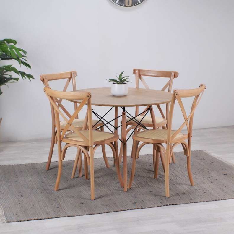 Comedor Redondo Shanna 100cm + 4 Sillas Crossback | Madera Ratán-0