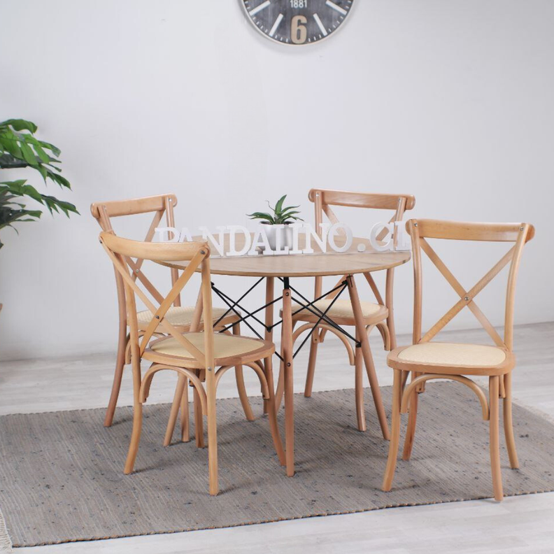Comedor Redondo Shanna 100cm + 4 Sillas Crossback | Madera Ratán-1