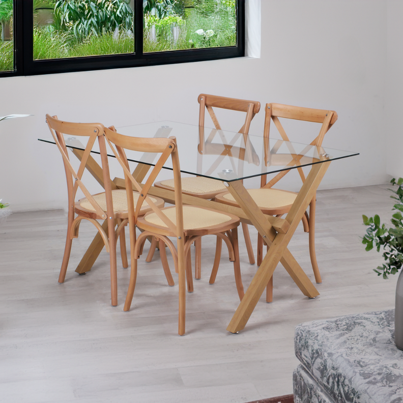 Comedor Mesa Xinia 140X90 + 4 Sillas Crossback | Madera & Ratán-0