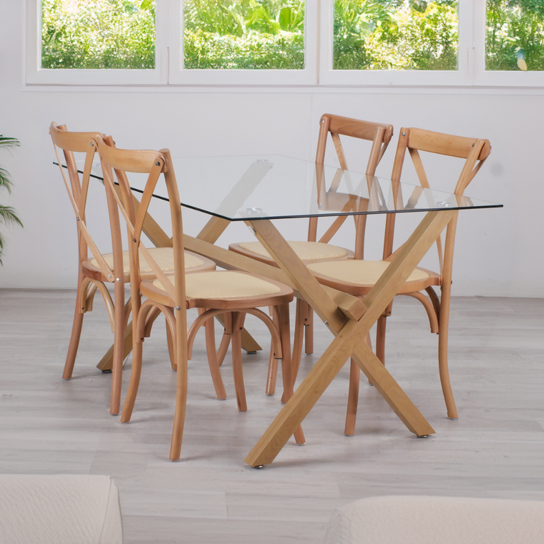 Comedor Mesa Xinia 140X90 + 4 Sillas Crossback | Madera & Ratán-1
