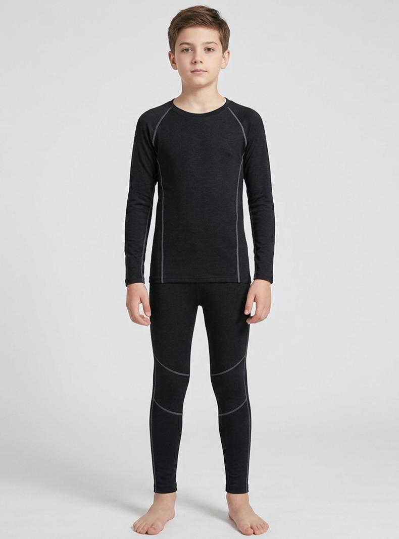 Conjunto Termico Primera Capa para Ninos y Adolescentes Camiseta Manga Larga + Calza Negro 12-14 Anos