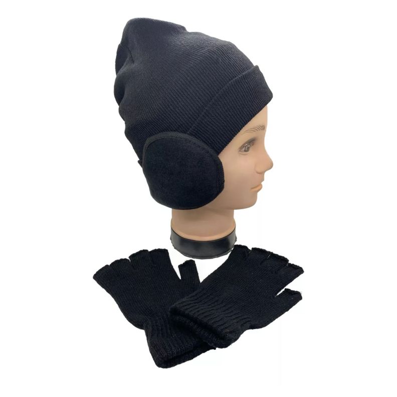 Set 3 Piezas Gorro Beanie, Guantes De Lana Sin Dedos y  Orejera Polar  Unisex Para Adultos y Jovenes-0