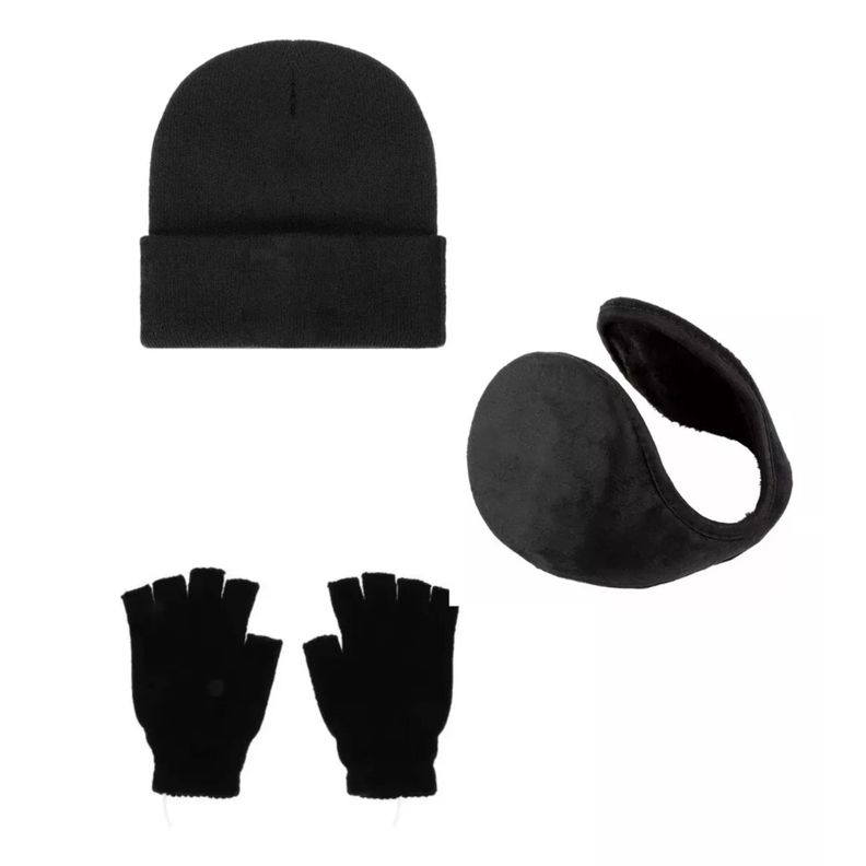 Set 3 Piezas Gorro Beanie, Guantes De Lana Sin Dedos y  Orejera Polar  Unisex Para Adultos y Jovenes-1