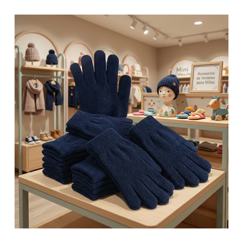 Pack 12 Guantes De Lana Termicos Para Ninos - Invierno Suave Color Azul Marino S