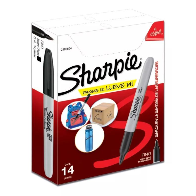 Marcador Permanente Sharpie Punta Fina Negro Caja x12+2