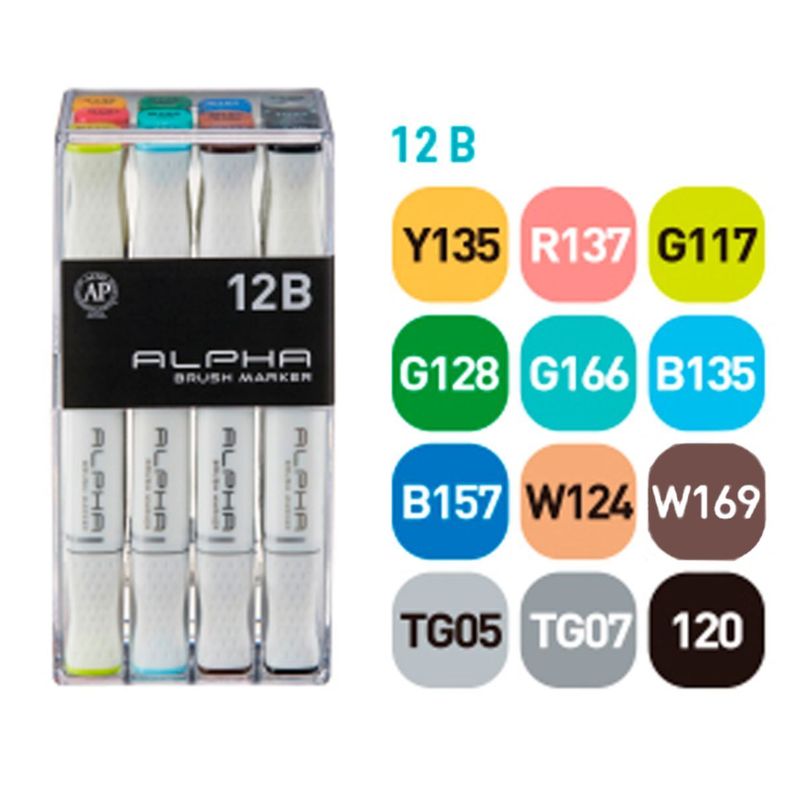 Plumones Punta Pincel Alpha Brush Basicos B Set 12 Colores-1