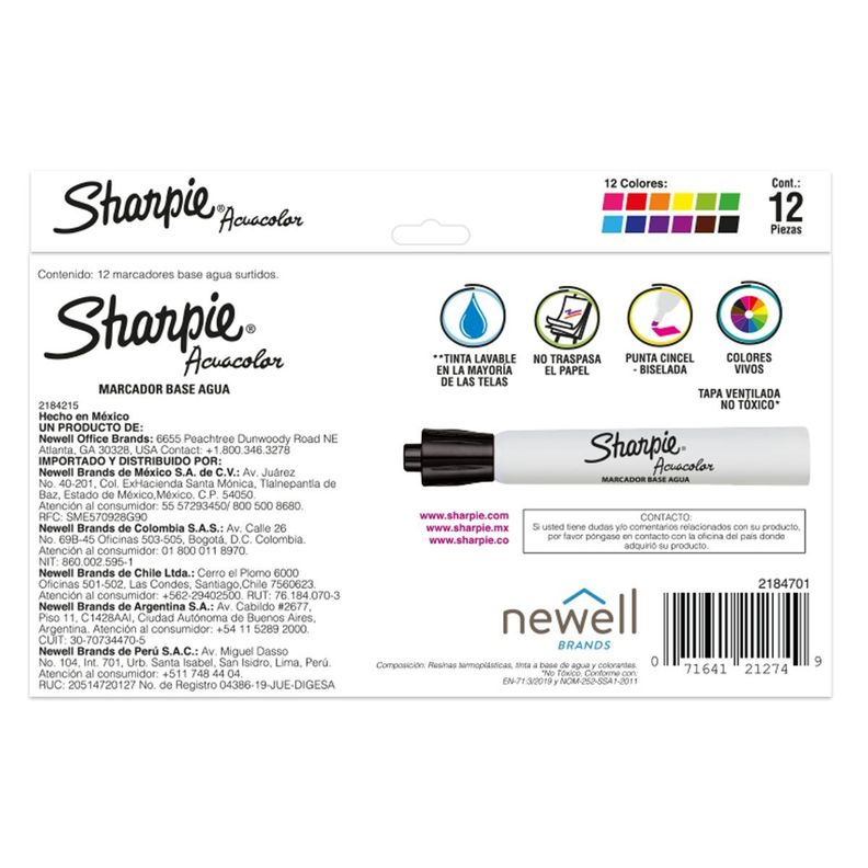 Set Marcadores Sharpie Acuacolor 12 Colores Surtidos Surtido