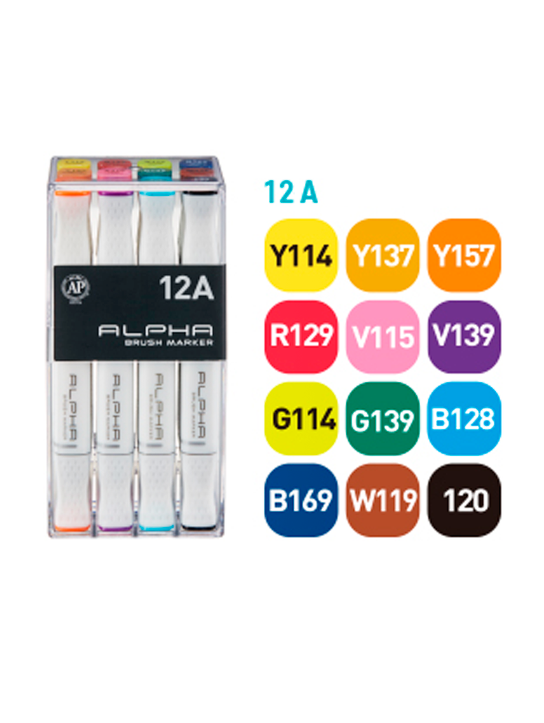 Plumones Punta Pincel Alpha Brush Basicos A Set 12 Colores-1