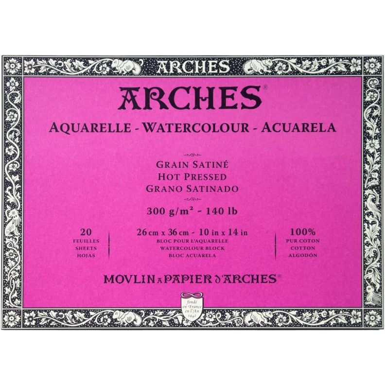 Block Papel Acuarela Arches 300g Grano Satinado 26x36cm 20H-0