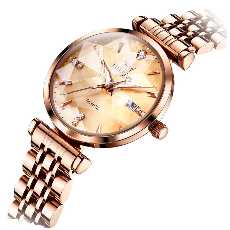 Reloj Cuarzo para Mujer Esfera Dorada Facetada Cristales Brillantes Dorado Metalico