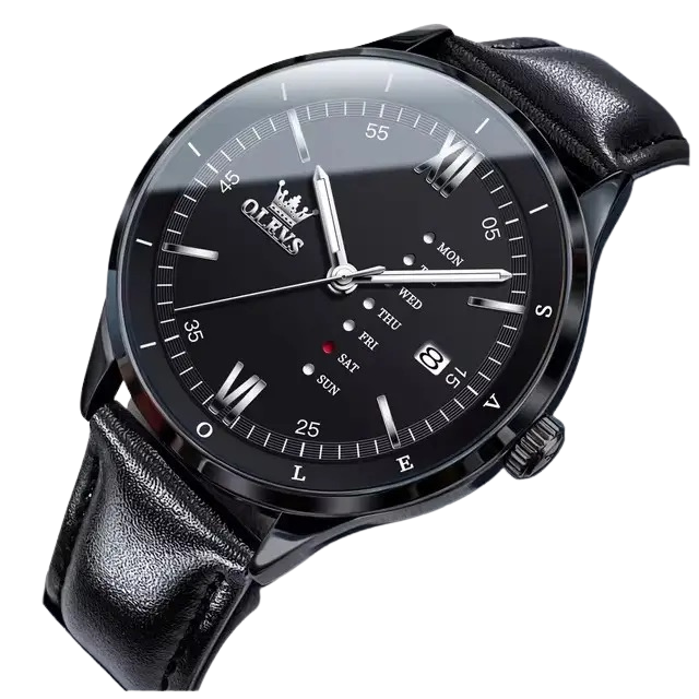 Reloj de Hombre Elegante con Correa de Cuero Calendario Completo Negro