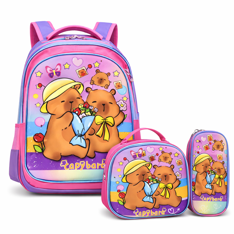 Set 3 Piezas Mochila Infantil Escolar Capibara con Luces Lonchera Estuche Resistente y C modo