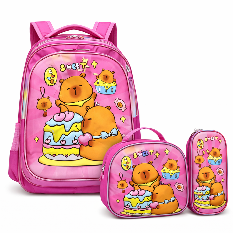 Set 3 Piezas Mochila Infantil Escolar Capibara con Luces Lonchera Estuche Resistente y C modo