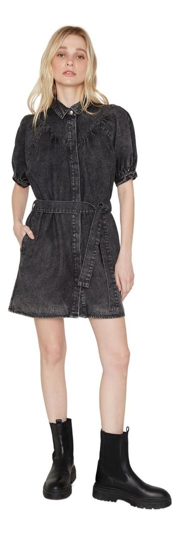 Vestido Denim Manga Corta Negro Jacinta Tienda-0
