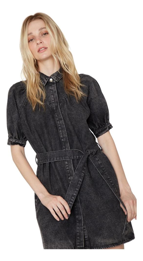 Vestido Denim Manga Corta Negro Jacinta Tienda-4